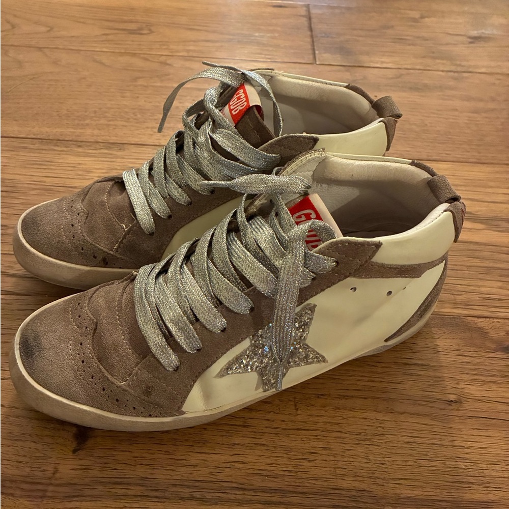 Golden Goose Mid Star Suede and Leather Sneakers with Glitter Star